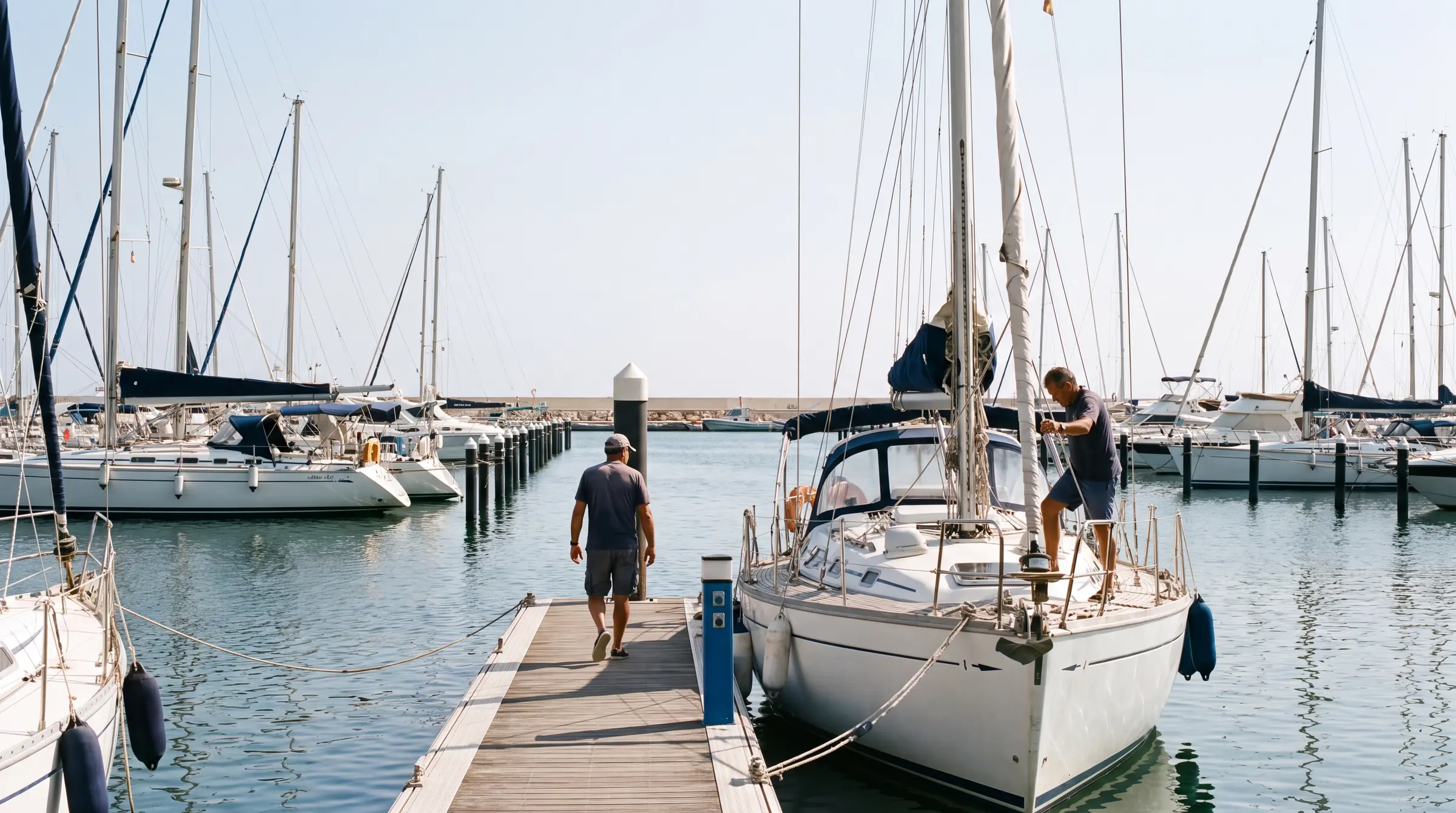 Marina de San Pedro del Pinatar: un capitán revisa el aparejo de un velero de vela mientras otro camina por el pantalán