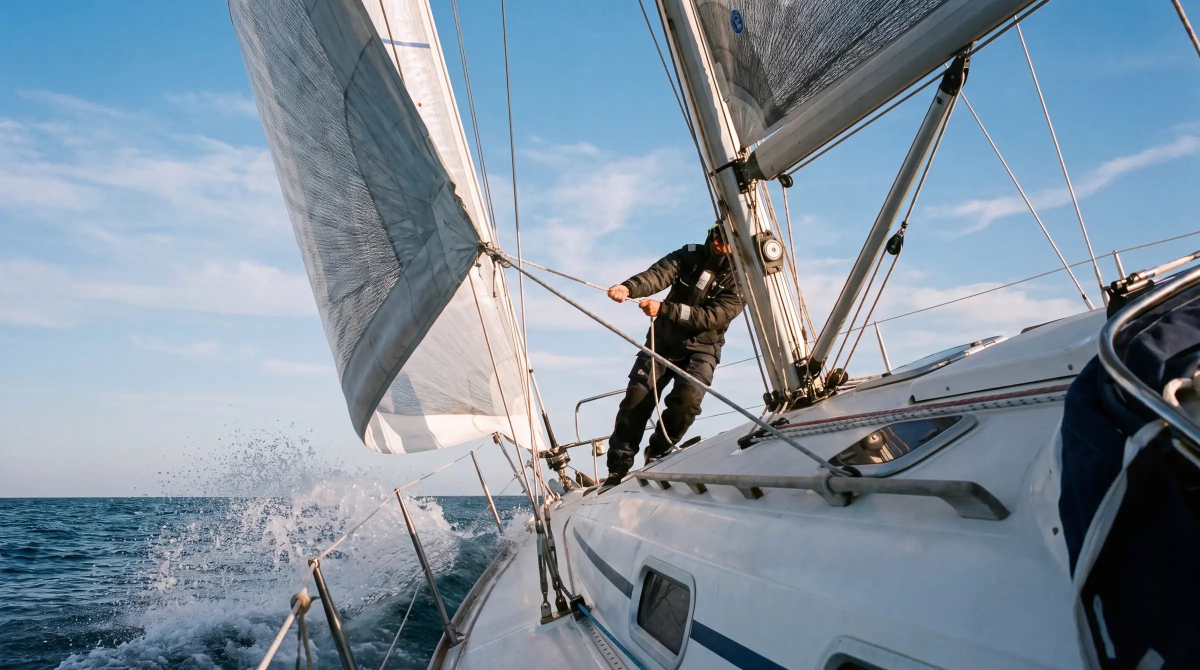 Velero escorado navegando con viento fresco en mar abierto; un tripulante tensa una escota mientras el spray de agua salpica cerca de la proa